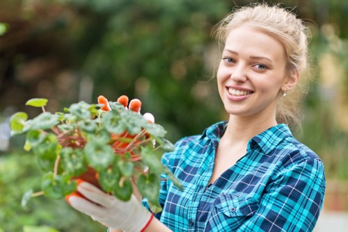 Professional hedge trimmer working on dense foliage