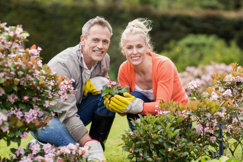 Professional gardener trimming hedges in a Hendon garden